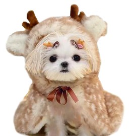 ANIAC - Disfraz de reno de Navidad para cachorro, capa de alce para perro, con cuernos, gato, capa de Papá Noel, disfraz de perro de Navidad para perro pequeño y mediano (pequeño, café)