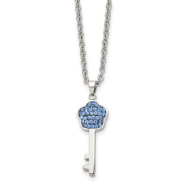 Stainless Steel Polished Blue Crystal Flower Top Key Pendant Necklace