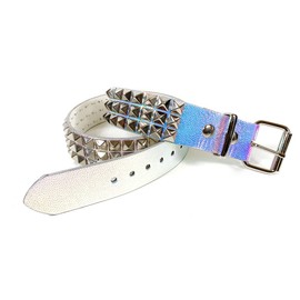 Silver Rainbow Holographic Three Row Black Pyramid Stud Rave Studded Belt Vegan Punk Goth (M)