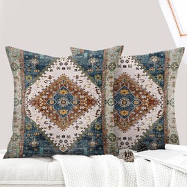 ECZOIL Set of 2 Boho Cushion Covers, 40 x 40 cm, Decorative Cushion Covers, Boho Style, Vintage Decorative Cushion for Living Room, Bedroom, Sofa, Home Decor with Hidden Zip, Teal