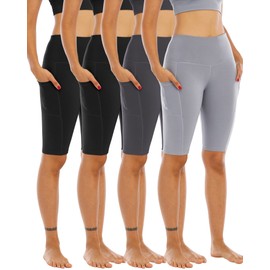 WHOUARE - Paquete de 4 pantalones cortos de yoga para motociclista con bolsillos para mujer, cintura alta, atlética, correr, entrenamiento, gimnasio, control de abdomen, 4 paquetes # Negro, Negro,