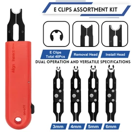 Sopnom E Clip Tool, E Clips Removal And Installation Assortment Kit Tool Set, Exchangeable 4 Sizes (3/4/5/6mm) Clip Rings Kit & 40Pcs E Clips