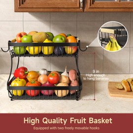 Sevenblue 2 Tier Large Fruit Basket for Kitchen Counter with 2 Mobile Banana Hangers, 2026 Pro Detachable Metal Fruit Bowl with Wooden Handle, Fruit Holder for Bread Snack Veggies with Protective Mats