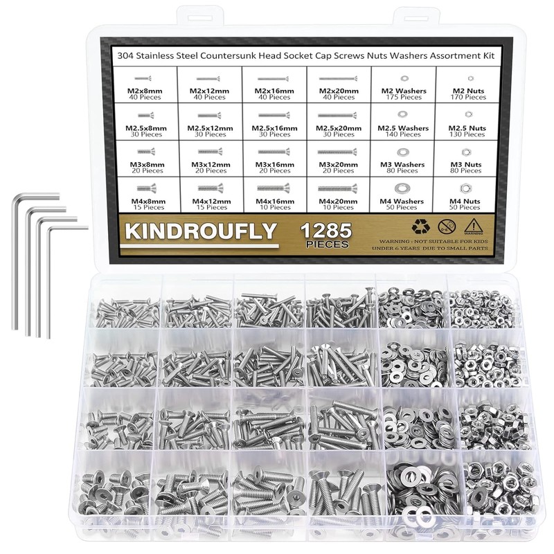 Kindroufly 1285 Pieces M2 M2.5 M3 M4 Countersunk Head Socket