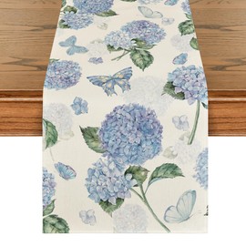 Artoid Mode Hydrangea Butterfly Summer Table Runner, Seasonal Spring Holiday Kitchen Dining Table Decoration for Home Party Indoor 13x108 Inch