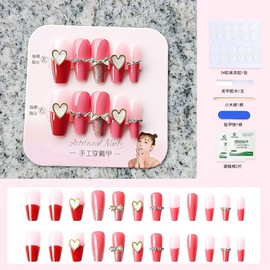 Medium Press on Nails Coffin Fake Nails rose red False Nails with Rhinestones Heart Bow Designs Acrylic Nails Full Cover Manicure Glossy Stick on Nails for Women Nail Decorations 24Pcs