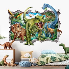 decalmile 3D Dinosaur Wall Stickers Break Through Large Dino Jungle Dinosaur Wall Decals Boys Room Baby Nursery Kids Bedroom Wall Decor