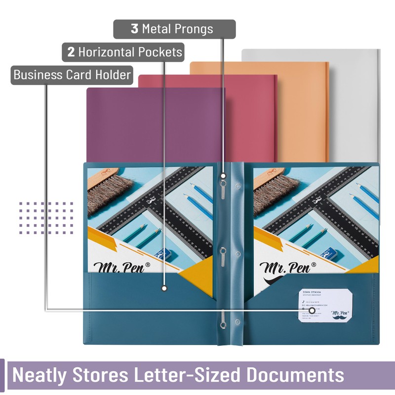 Mr. Pen- Plastic Folders with Pockets and Prong, 5 Pack,