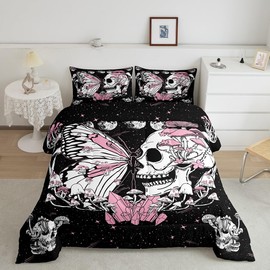 Butterfly Skull Comforter Set Queen Size Pink Mushroom Quilted Duvet Gothic Starry Galaxy Moon Bedding Set 3pcs for Kids Teens Girls Boys Bedroom Decor Trippy Plants Duvet Insert,2 Pillowcases