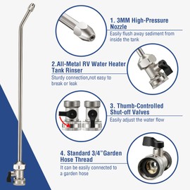 Metal Rv Water Heater Flush and 2PCS Anode Rods, Heavy Duty All Metal RV Water Heater Tank Rinser with Shutoff Valve for Flushing Out Sediment