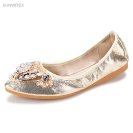 KUNWFNIX Women's Ballet Flats Crystal Wedding Ballerina Shoes Foldable Sparkly Comfort Slip on Flat Shoes