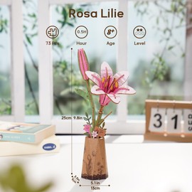 ROBOTIME 3D Wooden Flowers Puzzle Pink Lily Model Kits for Adults to Assemble, Artificial Eternal Flowers, DIY Craft Set, Valentine's Day, Mother's Day and Christmas