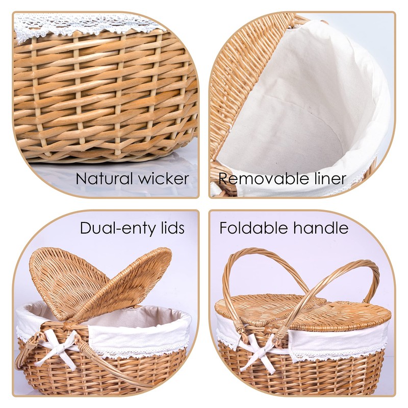 Wicker Picnic Basket with Lid and Handle Sturdy Woven Body