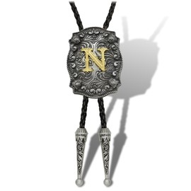 Aswitnove Western Bolo Tie Golden Initial Letter ABJR to XYZ Cowboy Necklace Handmade Leather Bolo Tie for Men Women, Golden N, Large