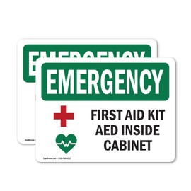 (2 Pack) First Aid Kit AED Inside Cabinet With Symbol OSHA Emergency Sign 7 Inch X 5 Inch Vinyl Label Decal Sticker Weather Resistant, UV Protected for Workplace, Construction Site, Made in the USA