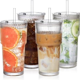19oz Ribbed Glass Tumblers with Lids & Straws – Set of 4 Thick Glass Cups for Iced Coffee, Smoothies, Juice & Cocktails:_4PCS