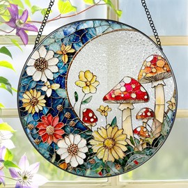 8 Inch Mushroom Suncatcher, Stained Glass Mushrooms Home Decor, Stained Glass Window Hanging, Plant Lover Gifts for Women, Birthday Gifts for Her Mom Grandma, Idea Gift, Gift Exchange