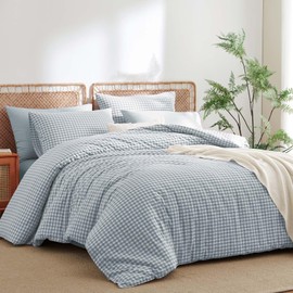 Nayoroom Gingham Duvet Cover King Size 100% Washed Cotton Blue Plaid Checkered Comforter Cover 3 Pcs Soft Breathable Grid Farmhouse Dorm Bedding Set for All Seasons