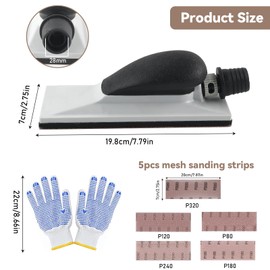 ROSYLEVE Hand sander with suction with gloves, 200 x 70 mm, including 5 pieces mesh sanding strips kit, sanding block tool, hand sander for wood, spatula, varnish, plastic and metal