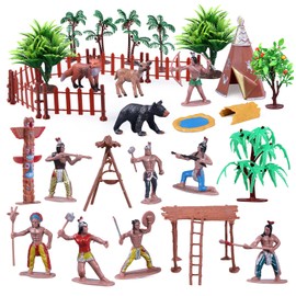 kukifun 31Pcs Native American Village Playset, Assorted Indigenous People Figures with Tepee, Totem Pole, Fence, Trees, Animals, Tribal Cultural History Educational School Project Toys for Kids