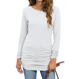 Sherosa Womens Long Sleeve Scoop Neck Tops Slimming Fit Side Ruched Tunic Tops to wear with Leggings(A White,XL)