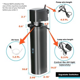 Aquarium Filter for 100-400 Gallon Tank, U-V Fish Tank Green Clean Machine Submersible Powerful Pump Canister Filter 600GPH for Pond Turtle Tank Saltwater Freshwater Crystal Clear Green Killing