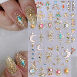 Celestial Nail Art Stickers, Gold Metallic Sun Moon Design Nail Decals, 3D Stereoscopic Bohemian Style Luxury Adhesive Manicure Sliders with Rhinestones for Women Nail Decoration, 2 Sheets