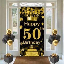 50th Birthday Party Decorative Door Cover, Large Black & Gold Happy 50th Birthday Door Banner Sign, Photo Booth Backdrop Background Banner for 50 Birthday Party Favor and Supplies