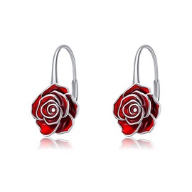 URONE Red Rose Earrings 925 Sterling Silver Rose Flower Earrings Leverback Flower Earrings Rose Jewelry Gift for Women (rose)