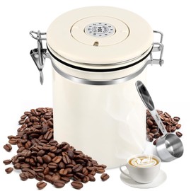 Airtight Stainless Steel Coffee Canister, Vacuum Coffee Canister, 1.8 L Coffee Bean Container with Stainless Steel Spoon and Time Attendance Storage, for Tea Nuts, Cocoa Long, White