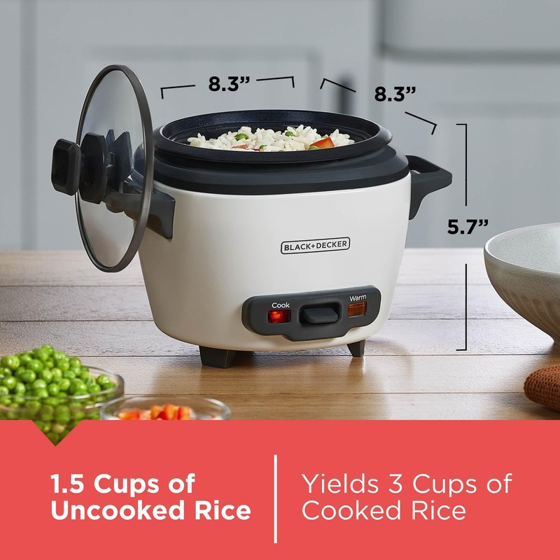 BLACK+DECKER 3-Cup Rice Cooker, 1.5-cup Uncooked Rice, 3 Cups Cooked,