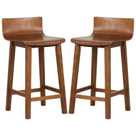 COSTWAY Solid Wood Bar Stools Set of 2, 24.5-inch Counter Height Chairs with Low Backrest and Footrest, Wooden Pub Barstools, Armless Kitchen Island Breakfast Stools for Dining Room, Cafe, Brown