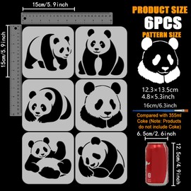 FINGERINSPIRE 6PCS Panda Stencils with 1Pc Plastic Paint Brush 5.9x5.9inch 6 Styles Panda Bear Stencils Animal Theme Plastic Template for Painting on Wall Wood Furniture DIY Home Decoration