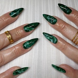 Green Press on Nails Almond Medium Fake Nails Summer Dark Green Marble Acrylic False Nails Press ons Full Cover Reusable Glue on Artificial Nails for Women 24Pcs