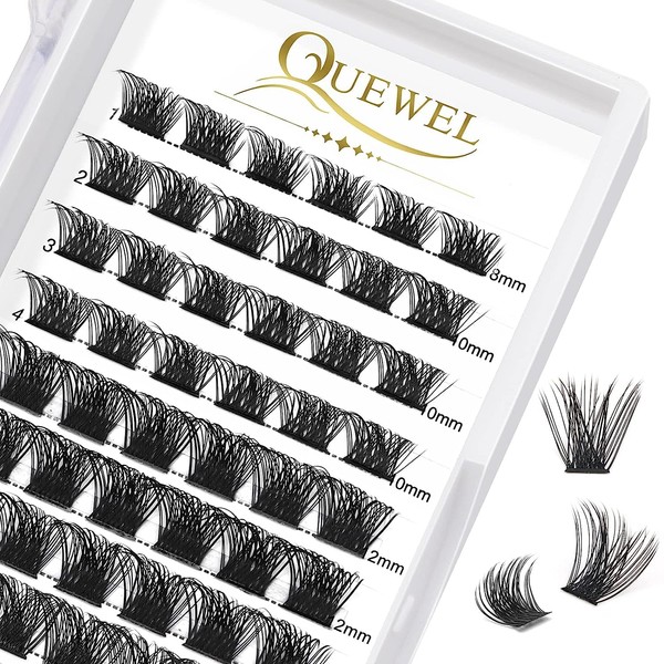 QUEWEL Individual Eyelashes, Individual Eyelash Clusters, Lashes, Mega D Curl, Mix, 8–16 mm, Segments, Wide Base, for Eye Make-Up, DIY Eyelash Extension, Mega-D-Mix
