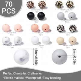 QINJIEJIE 70Pcs 15mm Silicone Beads,Silicone Beads for Keychain Making,Leopard Silicone Beads Bulk for Pens/Bracelet/Necklace Making, Focal Beads Round Silicone Beads for Crafts (Classic Leopard)
