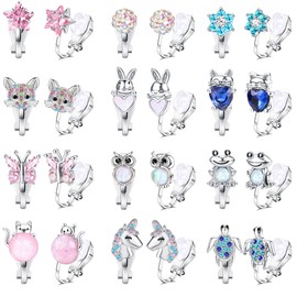 Finrezio 12 Pairs Clip on Earrings for Women Teens Hypoallergenic Cute Clip Earrings Set Flower Rainbow Butterfly Turtle Star Heart CZ Clip-on Earrings Non-Pierced Earrings Pack