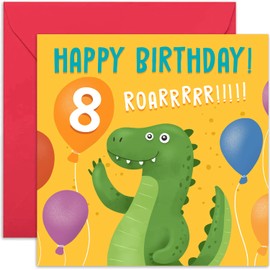 Dinosaur Birthday Card for Boy or Girl - 8th Children Birthday Card - T Rex Eighth Birthday Card - Age Eight - Birthday Card for Son, Daughter, Niece, Nephew, Grandchild | Blank Inside Envelope