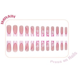 IMRAIN Long Press on Nails Square Pink Fake Nails Flower French Tips Glossy False Nails Full Cover Glue on Nails Artificial Gel Stick on Nails for Women 24Pcs