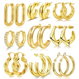 9 Pairs Delicate Gold Hoop Earrings Set for Women, 14K Gold Plated Lightweight Hypoallergenic Thick Open Twisted Huggie Earrings