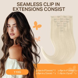 DOORES Hair Extensions Seamless Clip in Human Hair, Platinum Blonde 16 Inch 7pcs 110g, Clip in Human Hair Extensions Seamless Hair Extensions with Weft Straight Remy Hair Invisi Edge Hair Extensions