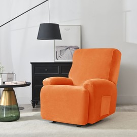 CONRUSER Recliner Chair Covers, 4-Piece Velvet Stretch Recliner Slipcover Single Seat Couch Cover Soft Furniture Protector with Pocket (Orange)