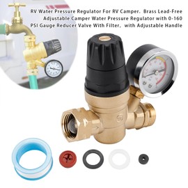 Water Pressure Regulator for Motorhome, Caravan, Adjustable Brass, Pressure Valve with 0-160 PSI Pressure Gauge & Filter, 3/4 Inch Connection - Lead-Free with Teflon Tape & Replacement Filter, Ideal