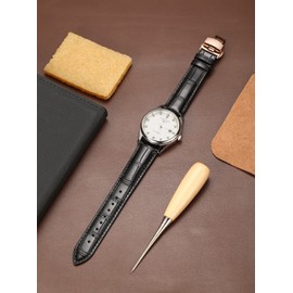 Moran Genuine Leather Watch Band, Quick Release, Polished, Deployment Buckle, For Men and Women, 18 mm - 24 mm, Calf Leather, Replacement Watch Strap, Waterproof, Sweatproof, Black Rose Gold Buckle, Classic