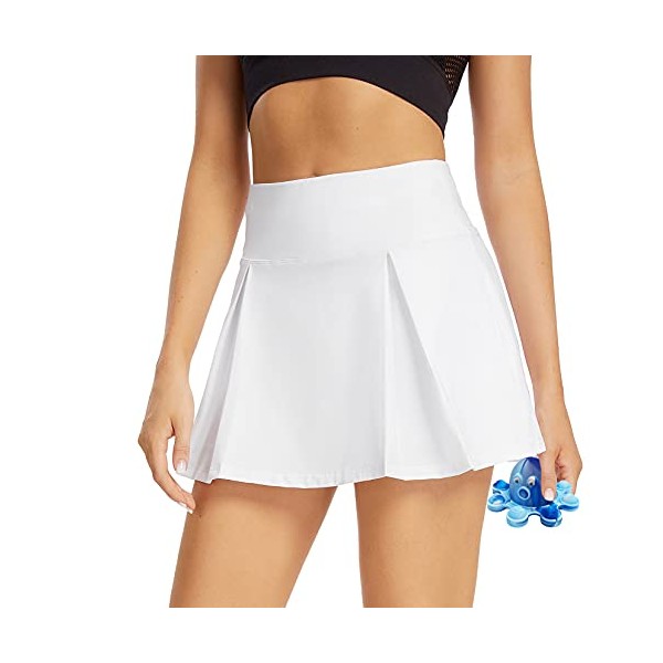 Toumett Women's Tennis Skirt Lightweight Pleated Athletic Skorts Sports Golf Running Mini Skirt with Pockets and Shorts (012,White,L)