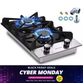 Eascookchef 2 burners Gas Cooktop NG/LPG Dual Fuel Tempered Glass Gas 12in Countertop New