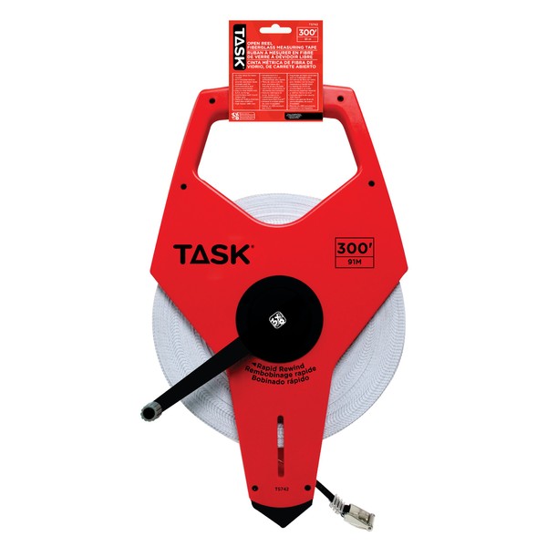 Task TS742 300-Feet Open Reel Fiberglass Tape Measure with 3X Gear Drive