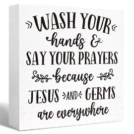 Funny Bathroom Wood Sign WashYour Hands and Say Your Prayers Wood Block Sign for Bathroom Shelf Toilet Restroom Home Tabletop Desk Decor,Farmhouse Bathroom Wooden Box Sign