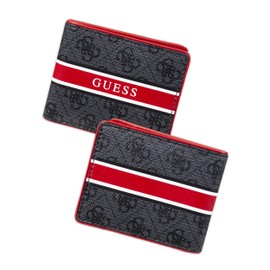 Guess Men's Leather Slim Bifold Wallet, Charcoal/Red, One Size