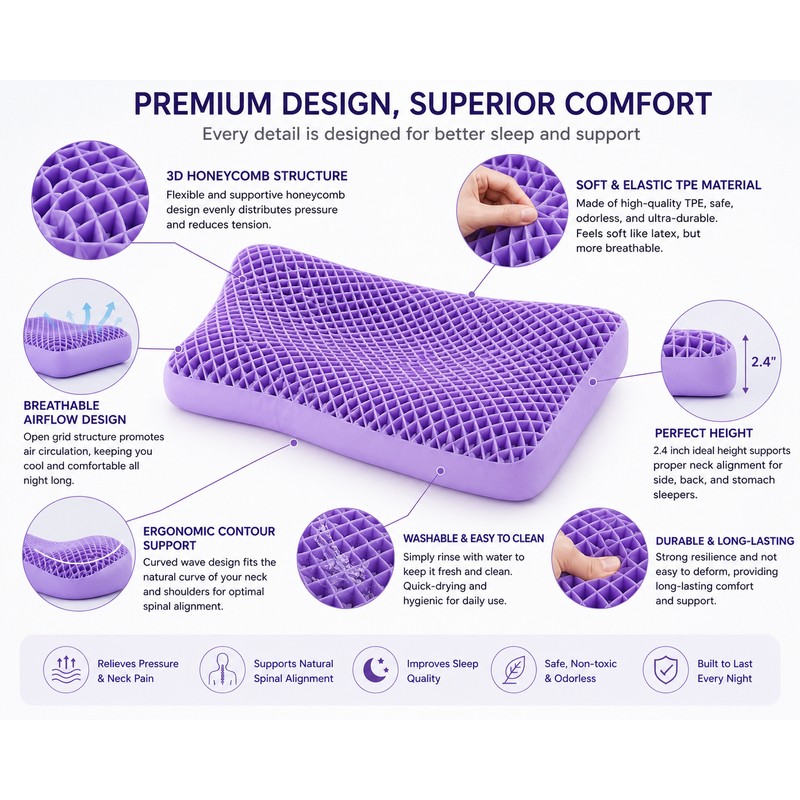 Purple Memory Foam Contour Pillow with Breathable Air Layer, Water